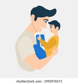 Happy Father's Day! Cartoon illustration with dad and son. Cute holidays poster, postcard or banner. The child is in the arms of the father. The son gives dad a gift.