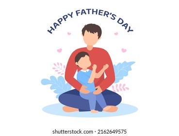 Happy Fathers Day Cartoon Illustration with Picture of Father and Son in Flat Style Design for Poster or Greeting Card