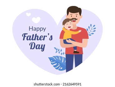 Happy Fathers Day Cartoon Illustration with Picture of Father and Son in Flat Style Design for Poster or Greeting Card