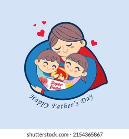 Happy Father's Day. Cartoon super dad together with children isolated on blue background. Father hugging son and daughter flat design illustration for greeting card, gift tag, graphic print, etc.