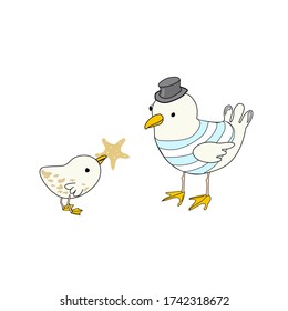 Happy Father's day cartoon vector illustration isolated on white background.Cute seagull chick congratulates father gull and gives him a starfish as a present.Can be used for greeting cards, decor.