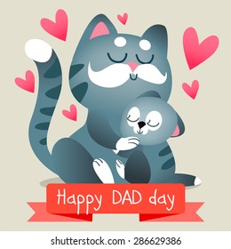 Happy Father's day with cats. vector illustration. Baby and dad together illustration. cute animals.