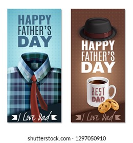 Happy fathers day celebration 2 realistic vertical banners with best dad coffee mug cookies hat vector illustration