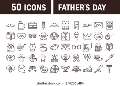 Happy Fathers Day, Celebration Accessories Message Decoration Party Icon Set Vector Illustration Line Style Icon