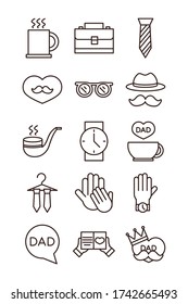 Happy Fathers Day, Celebration Accessories Message Decoration Party Icon Set Vector Illustration Line Style Icon