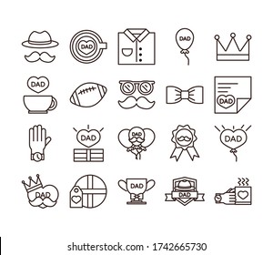 happy fathers day, celebration accessories message decoration party icon set vector illustration line style icon