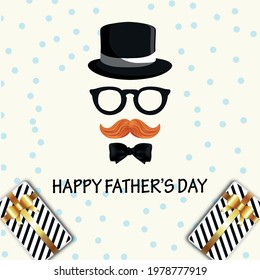 Happy fathers day celebration background with mustache and gifts