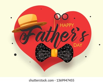 Happy Father's Day celebration banner design with illustration of hat, bow tie and eye mask on heart shape background. 