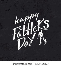 Happy Father's Day Celebration Card Concept. Vector Grunge Illustration with Handwritten Text and Abstract Silhouettes of Dad and Son