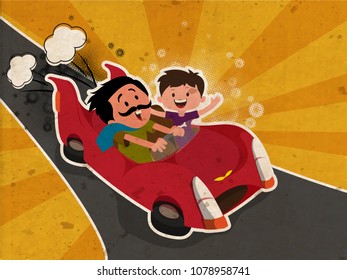 Happy Father's Day celebration concept with Father and Son enjoying car drive on vintage rays background.