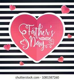 Happy Father's Day celebration concept with fold paper style heart shape and stylish text on white and black stripes background.