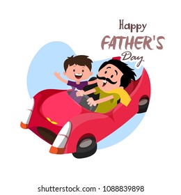 Happy Father's Day celebration concept with father and son duo enjoying car ride.