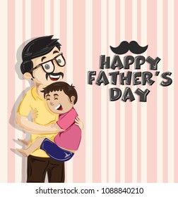 Happy Father's Day celebration concept with son hugging his father on vintage background.