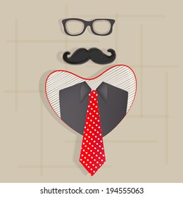 Happy Father's Day celebration concept with eye glasses, mustache, suit and red necktie on abstract brown background. 