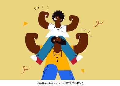 Happy fathers day celebration concept. Smiling african small son cartoon character sitting on strong dad shoulders showing biceps enjoying activity games vector illustration 