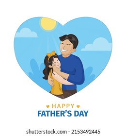 Happy Father's Day Celebration Concept With Young Man Hugging His Daughter On Blue And White Background.