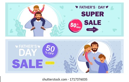 Fröhliche Feier zum Vatertag. Kreative Website-Kopfzeile oder Banner-Set, Clearance-Verkauf mit Flat Discount-Angebot, Vektorillustration-Illustration süßer Junge und Mädchen, die ihren Vater zum Happy Vatertag umarmt