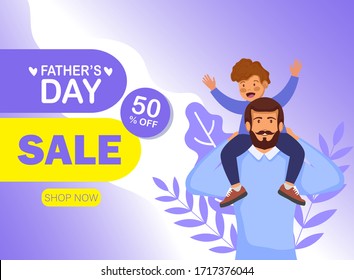 Fröhliche Feier zum Vatertag. Creative Website-Kopfzeile Clearance Sale mit Flat Discount Offer, Vektorillustration Illustration von süßem Jungen, der seinen Vater umarmt, um Happy Vatertag Feier