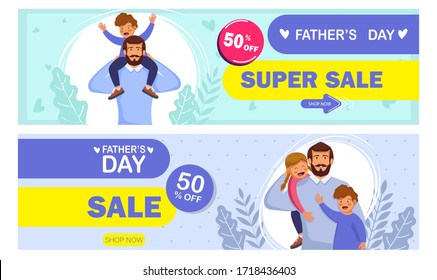 Fröhliche Feier zum Vatertag. Kreative Website-Kopfzeile oder Banner-Set, Clearance-Verkauf mit Flat Discount-Angebot, Vektorgrafik von süßem Jungen und Mädchen, die seinen Vater zum Happy Vatertag umarmt