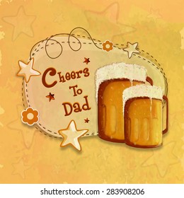 Happy Father's Day celebration with full of beer mug and stylish text Cheers to Dad, Vintage greeting card design on stars decorated yellow background.