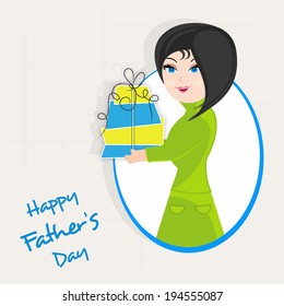 Happy Father's Day celebration greeting card design with illustration of a beautiful girl holding gift boxes on grey background. 