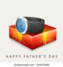 Happy Father's Day celebration greeting card design with wrist watch on gift box. 