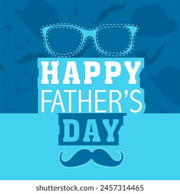 Happy Father's Day Celebration Greeting Card with Goggles, Mustache on Blue Background.