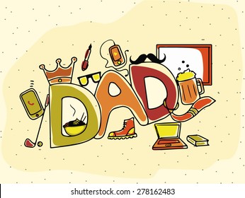 Happy Father's Day celebration with stylish text Dad and various elements on yellow background.