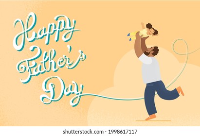 Feliz día del padre, ilustración vectorial de la tarjeta. Amo padre jugando con su hija pequeña. Papá sostiene a su hijo. Texto cursivo extraíble en segundo plano.