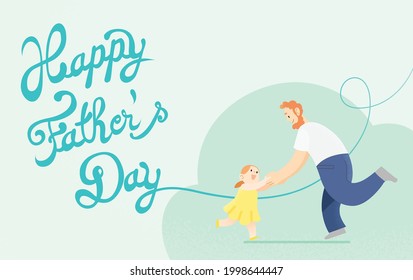 Happy Father's Day celebration vector card illustration. Loving father dancing with his young daughter. Dad and child dancing together and holding hands. Removable cursive text in background.