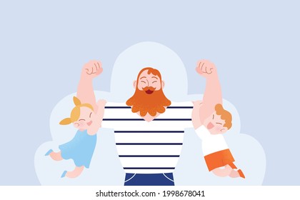 Happy father's day celebration vector illustration card. Muscular and strong father carrying his two children, his son and daughter. Loving dad playing with children.