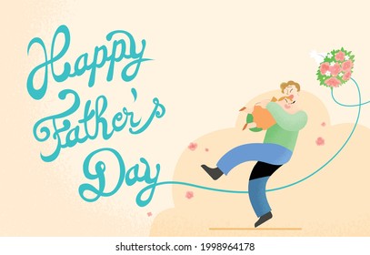 Happy father's day celebration vector card illustration. Father with a flowers bouquet hugging his young daughter. Loving dad with his child. Removable cursive text in background.