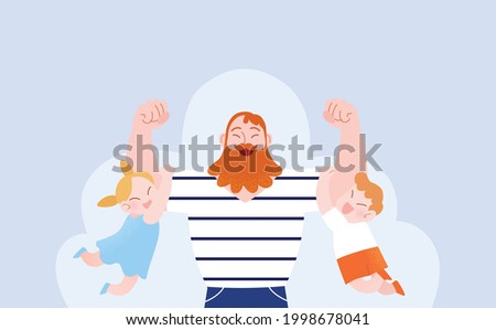 Happy father's day celebration vector illustration card. Muscular and strong father carrying his two children, his son and daughter. Loving dad playing with children.