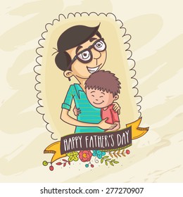 Happy Father's Day celebrations concept with Father and Son hugging to each-other on beige background.