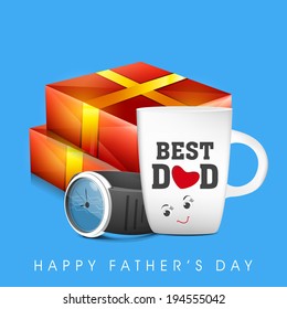 Happy Father's Day celebrations greeting card design with gift boxes, mug and wrist watch on blue background.