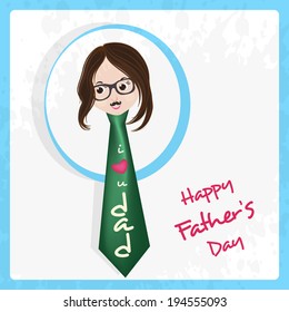 Happy Father's Day celebrations greeting card with illustration of a girls face and necktie on abstract background.