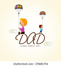 Happy Fathers Day celebrations greeting card design with little kids sat on stylish text Dad.