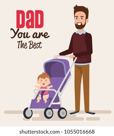 happy fathers day characters with baby in cart