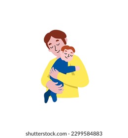 Happy fathers day characters. Dad is carrying and supporting his cute baby. Stay at home parent. Family relationship. Vector illustration about stepfather and child