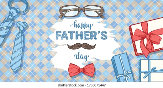 Happy Father's Day. Checkered background with gifts, ties and a mustache