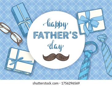 Happy Father's Day. Checkered background with gifts, ties and a mustache
