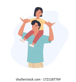 Happy Father's Day. Cheerful daughter sit on his father's shoulder. Vector illustration in a flat style