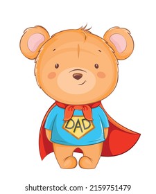 Happy Father's day. Cheerful Father Bear in super hero costume. Cute cartoon character