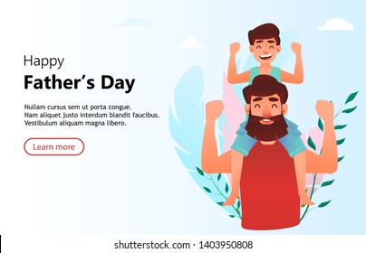 Happy Father's Day. Cheerful son sits on shoulders of his father. Love concept. Usable for landing page, website template. Vector illustration