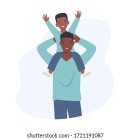 Happy father's day. Cheerful son sit on his father's shoulder. Vector illustration in a flat style