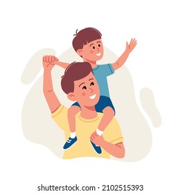 Happy Father's Day. Cheerful son sits on the shoulders of his father. Love concept. Father and son having fun and playing. Happy family vector concept. 