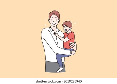 Happy fathers day and childhood concept. Smiling positive man parent dad standing and holding his smiling son child on hands vector illustration 