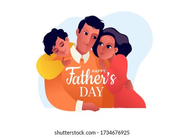 Happy Father's day. Children with father. Dad hugs his daughter and son. Father and kids. Lettering, calligraphy. Greeting card or banner. Flat style vector illustration.