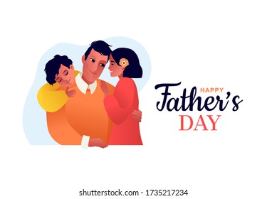 Happy Father's day. Children with father. Dad hugs his daughter and son. 
