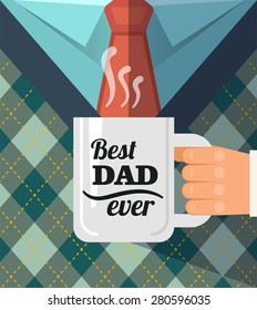 Happy father's day,  a coffee cup congratulation. Best dad postcard. 	